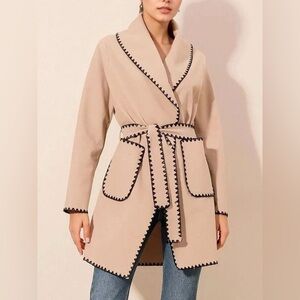 Contrast Trim Tie Waist Outerwear